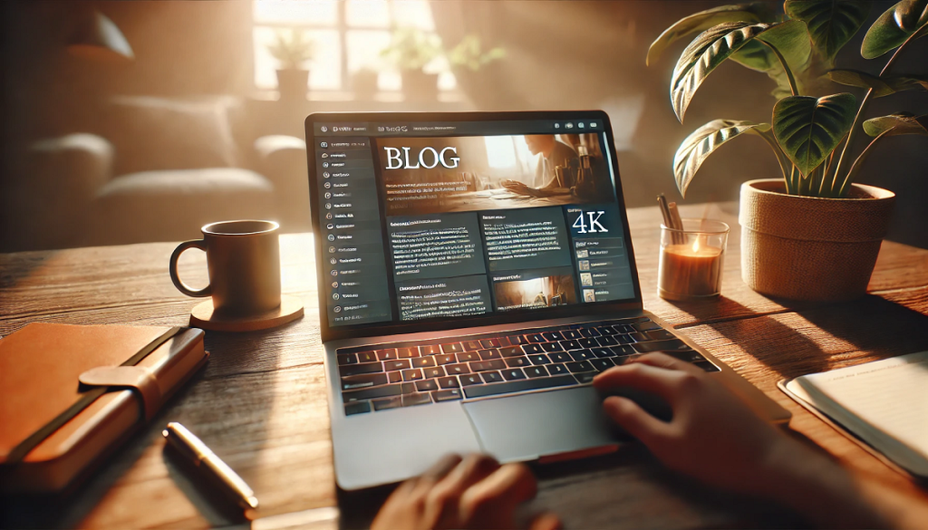 laptop na biurku z blogiem na ekranie